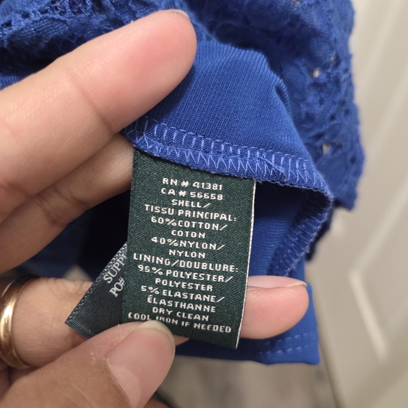 Lauren Ralph Lauren Blue Lace Dress Sleeveless Cotton Blend Sheath Midi Elegant - Picture 5 of 8